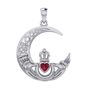 Claddagh on Celtic Moon Silver Pendant with Heart Gemstone TPD6125 - Jewelry